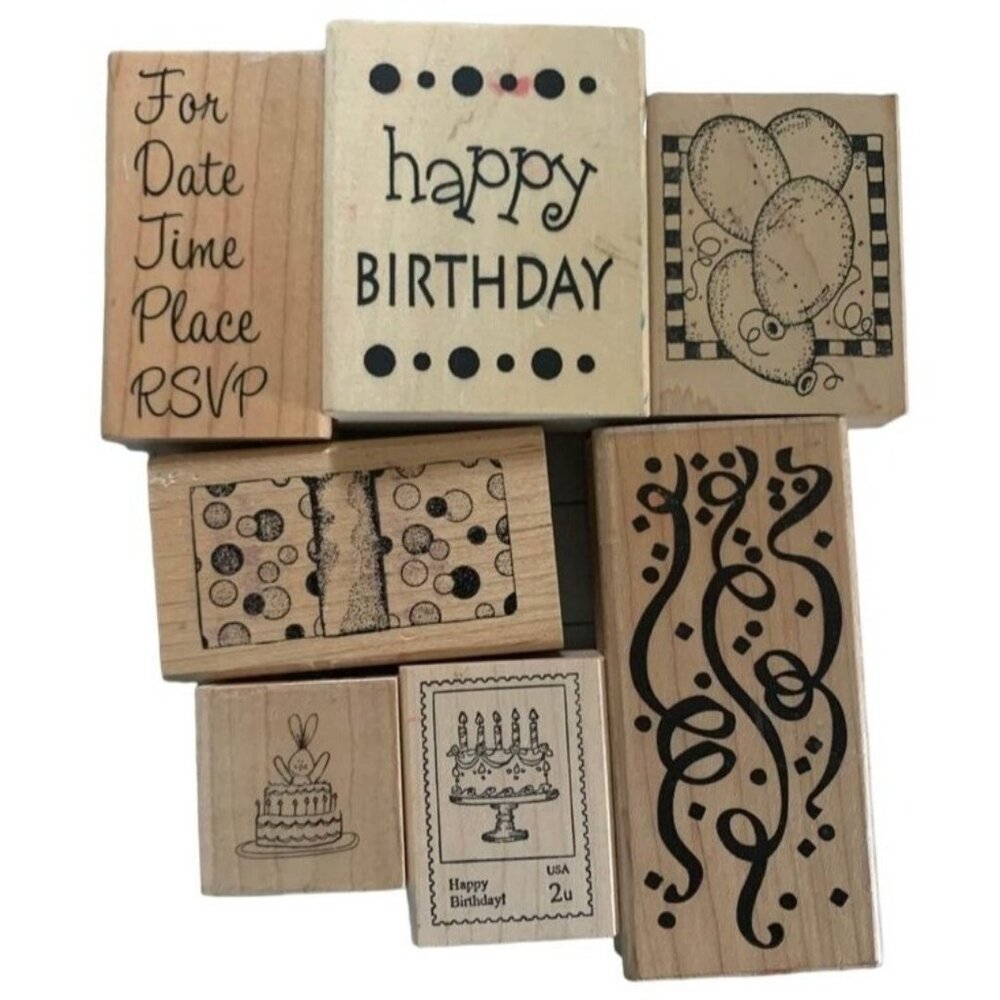 Wooden Birthday-Themed Rubber Stamp Lot Fun Patterns Balloons RSVP & Confetti Pa